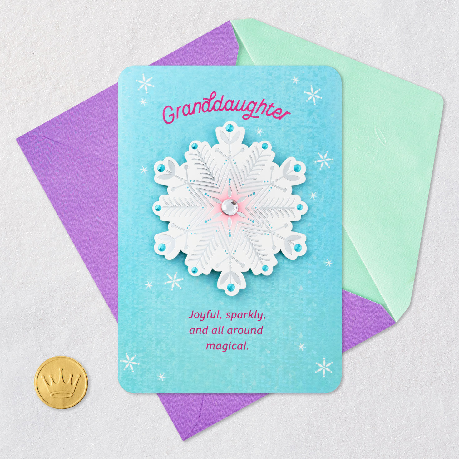 Jeweled Snowflake Blue Christmas Card for Granddaughter Card Front with Envelope and Gold Seal image number 5