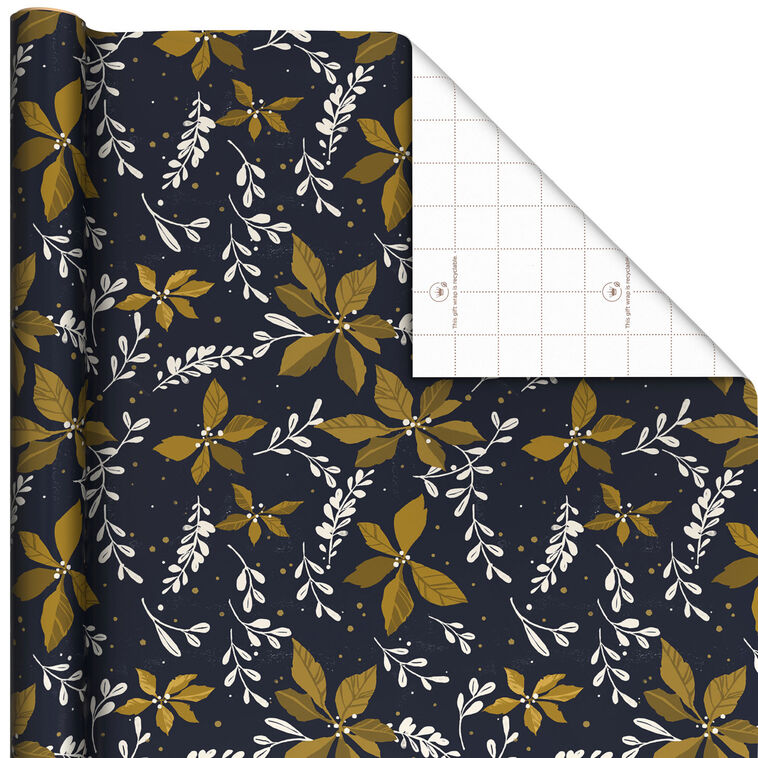 Gold Poinsettias on Navy Christmas Wrapping Paper Roll, 35 sq. ft.