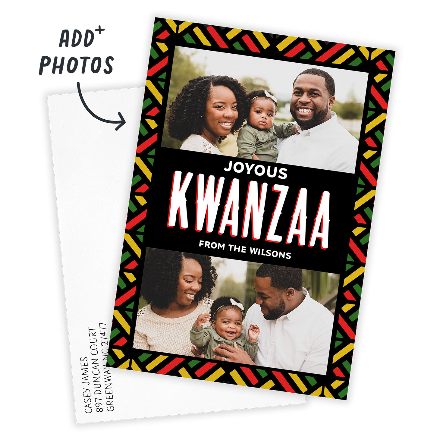 Colorful Border Personalized Kwanzaa Photo Card Card Front indicating personalization image number 2