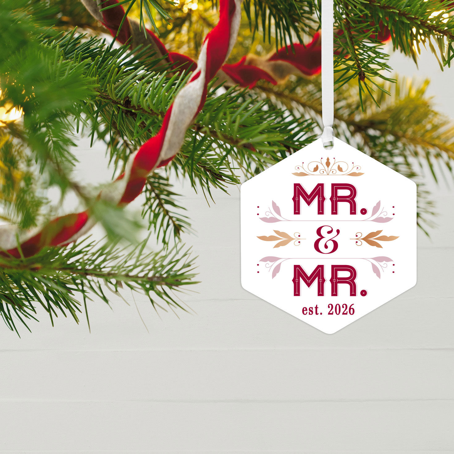 Mr. & Mr. Personalized Christmas Ornament hanging on tree image number 2