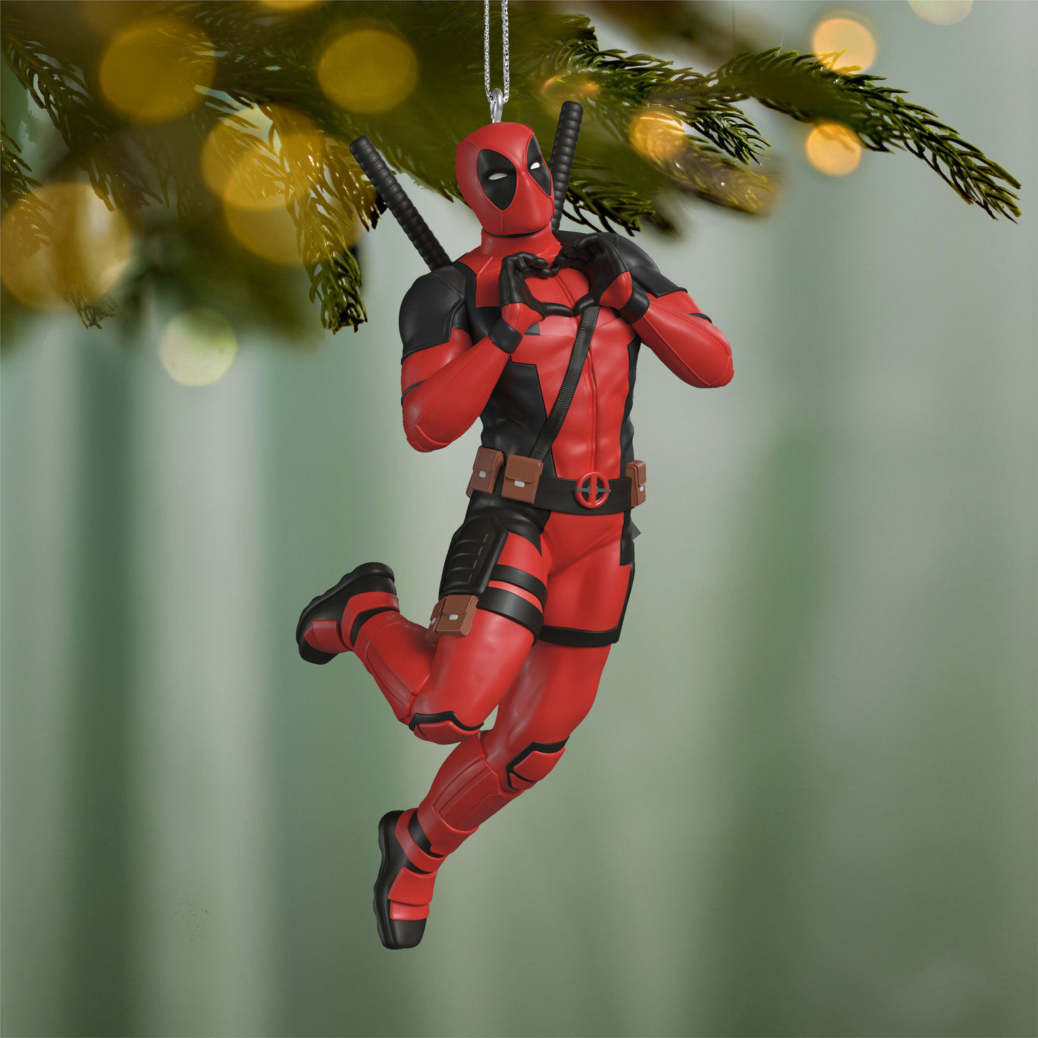 Deadpool Making Hand Heart Keepsake Ornament hanging on tree image number 2
