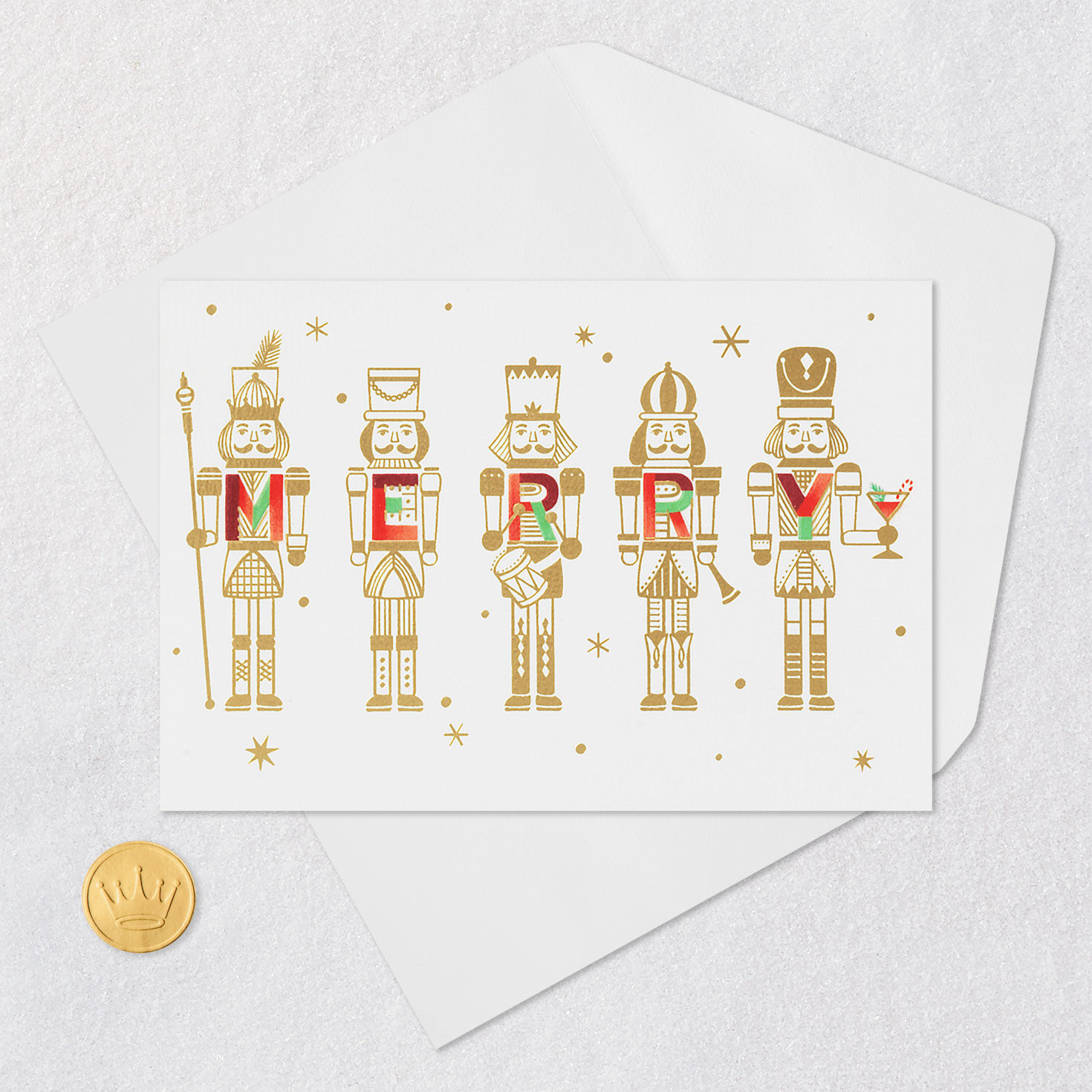 Gold Nutcrackers Red and Green Christmas Card Card Front with Envelope and Gold Seal image number 5