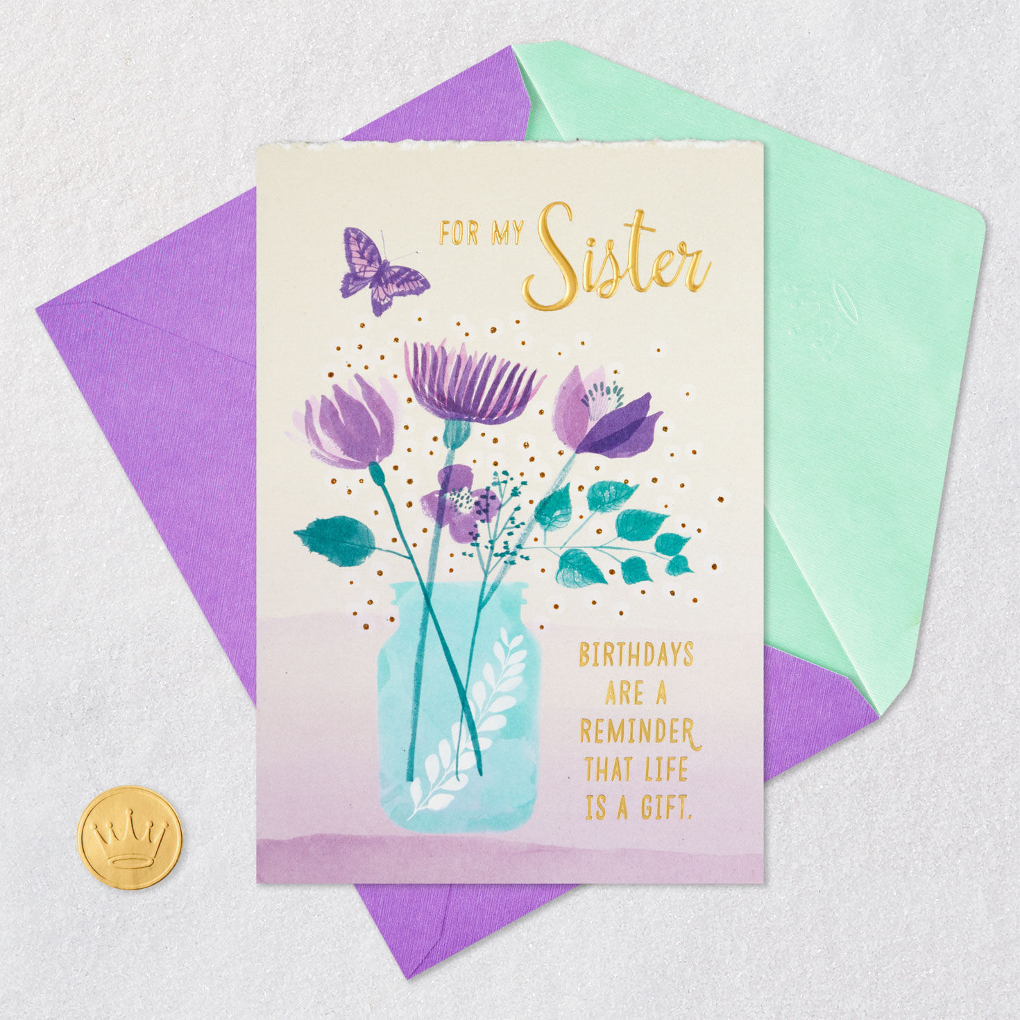 Retro Purple Flowers Birthday Card for Sister Card Front with Envelope and Gold Seal image number 5
