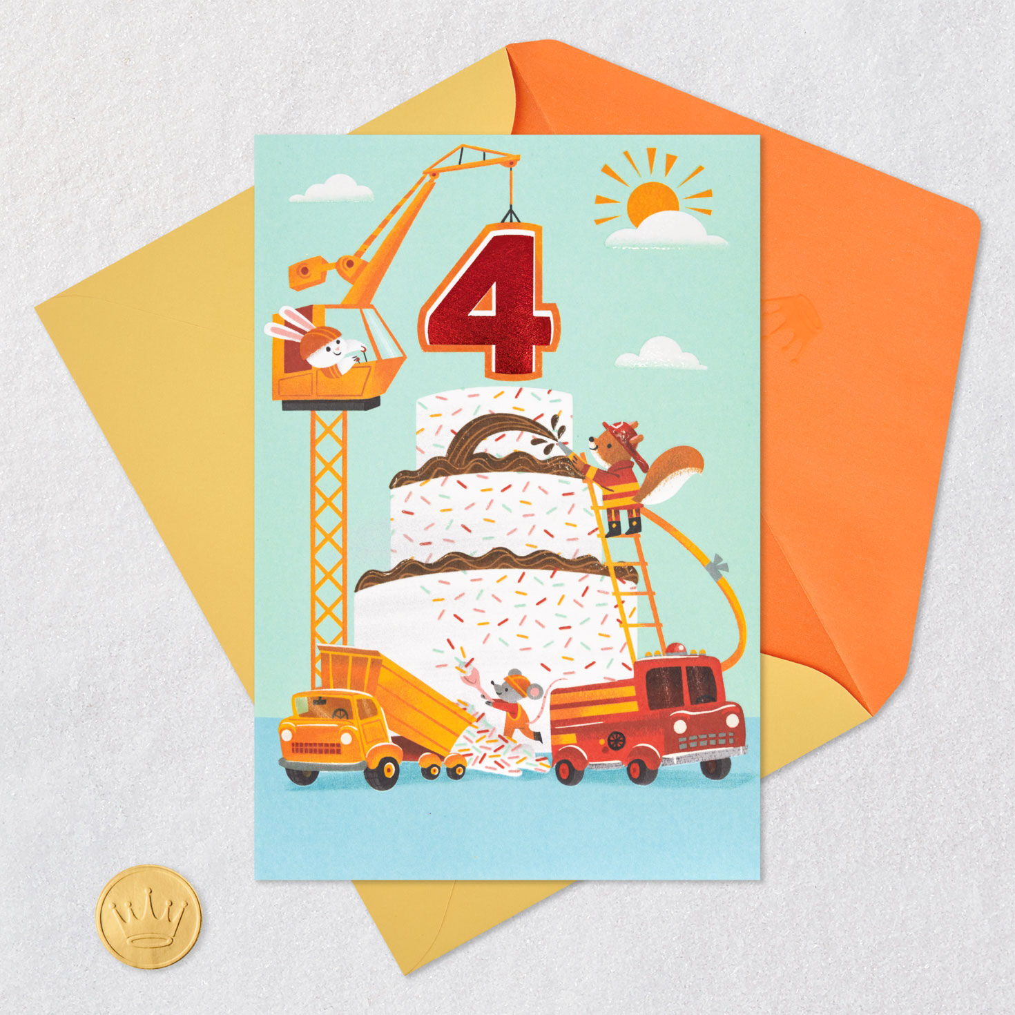 Cake and Animals in Trucks 4th Birthday Card for Boys Card Front with Envelope and Gold Seal image number 6