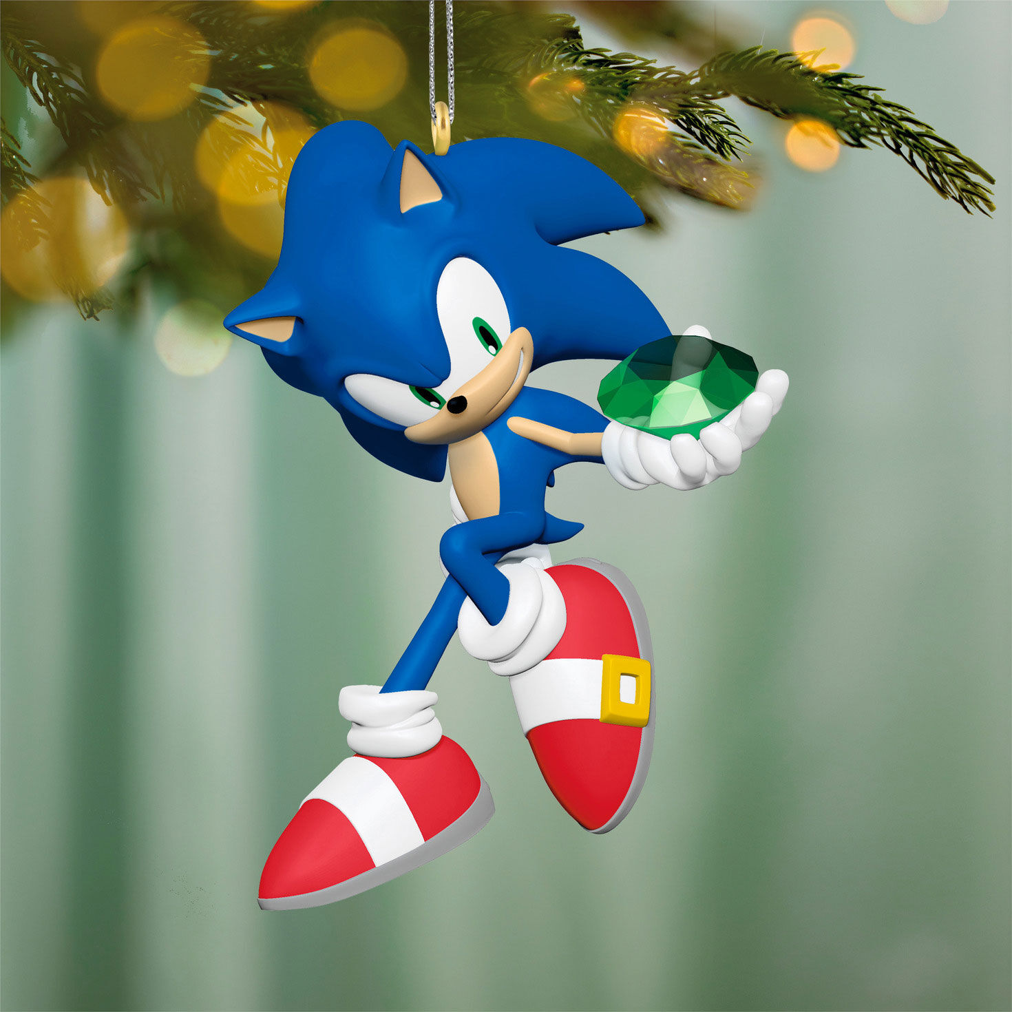 Sonic Holding Emerald Keepsake Ornament hanging on tree image number 2