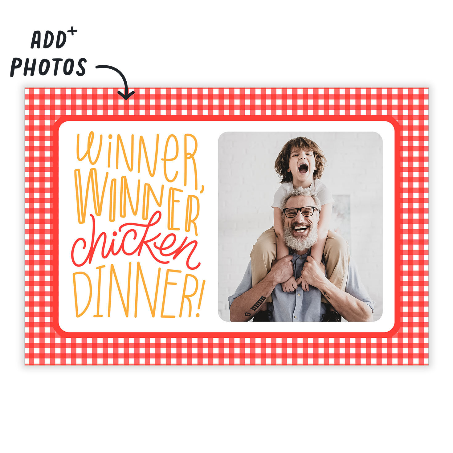 Red Plaid Winner Winner Personalized Photo Card Card Front indicating personalization image number 2