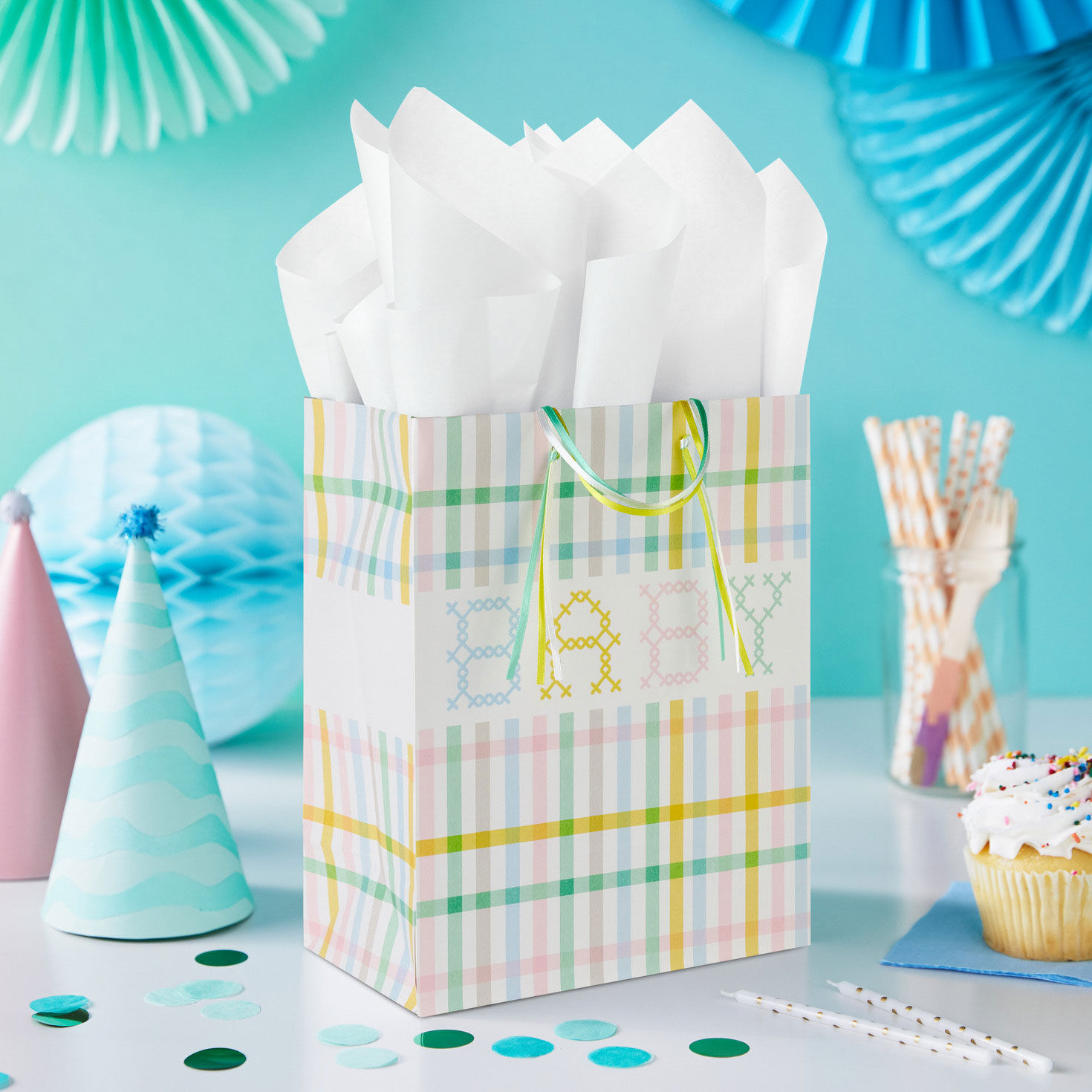 Plaid With Cross-Stitch Baby Message Medium Gift Bag in use image number 2