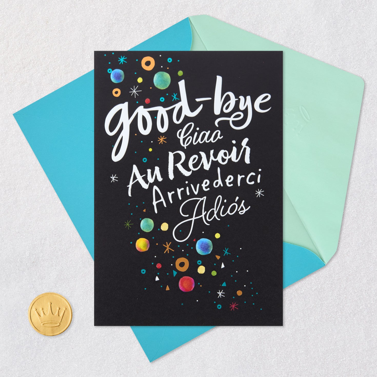 Bilingual Lettering and Colorful Confetti Goodbye Card Card Front with Envelope and Gold Seal image number 5