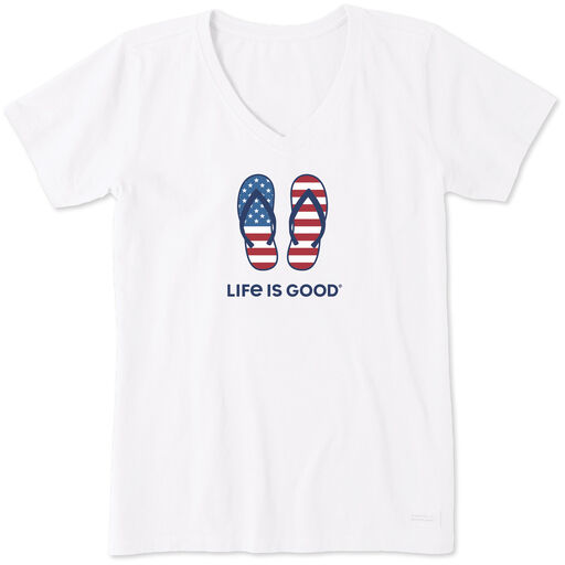 Life Is Good Americana Flip-Flops Women's White V-Neck T-Shirt, 