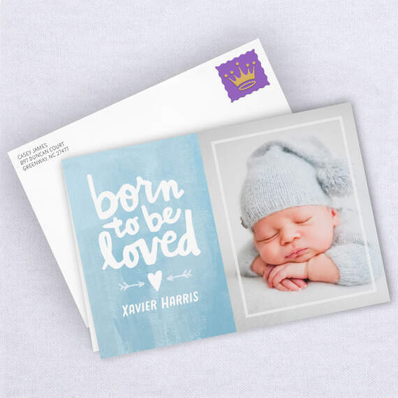 Personalized Born to Be Loved Blue New Baby Photo Card, , large image number 4