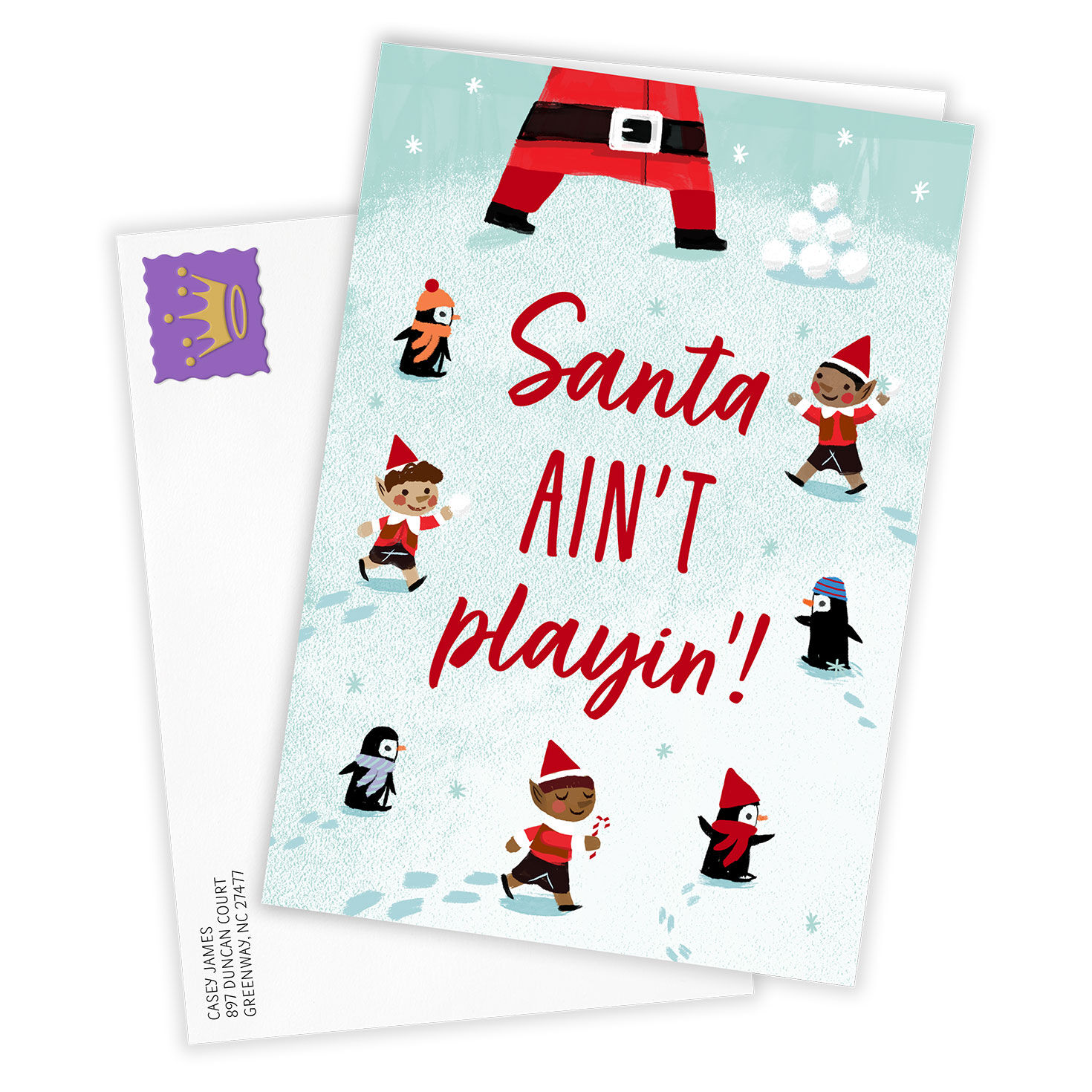 Elves Penguins in Snow Personalized Christmas Card Card  front with Envelope  image number 2