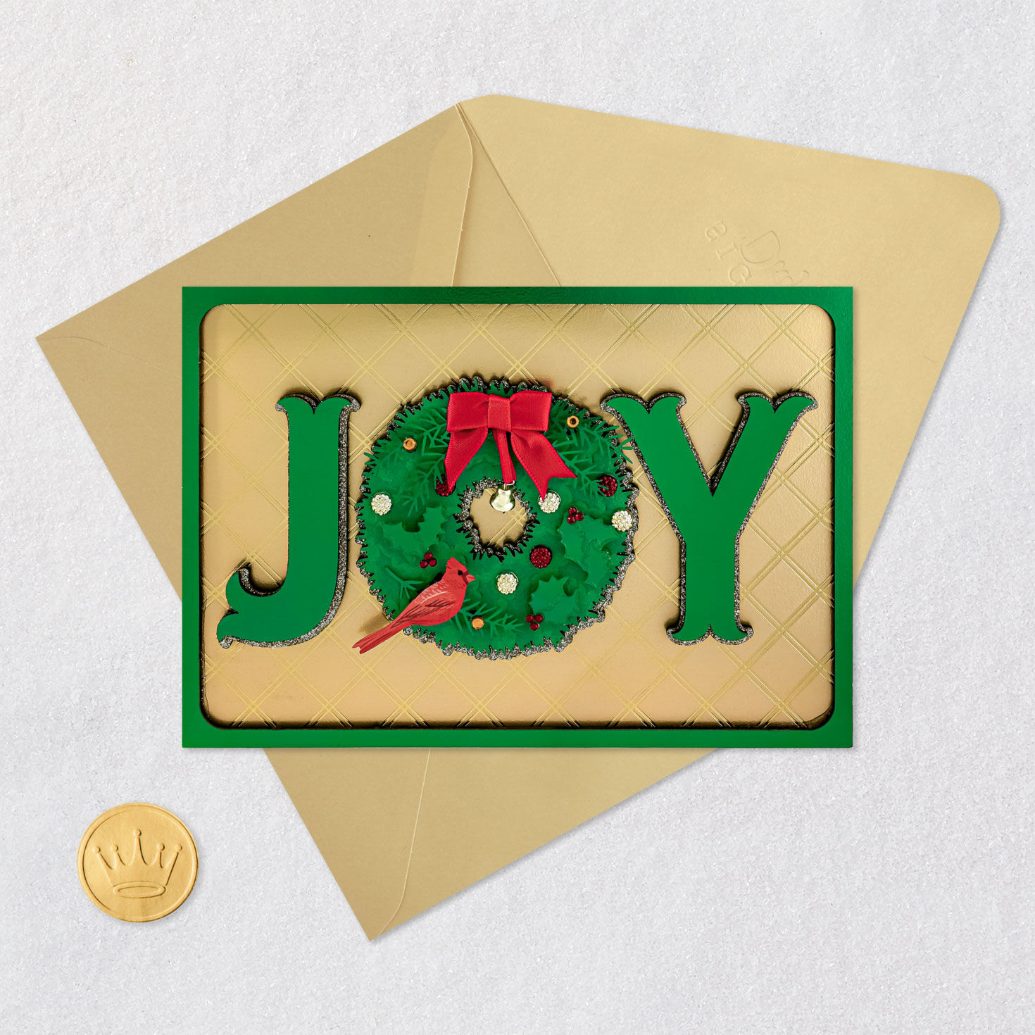 Joy Wreath with Cardinal Religious Christmas Card Card Front with Envelope and Gold Seal image number 5