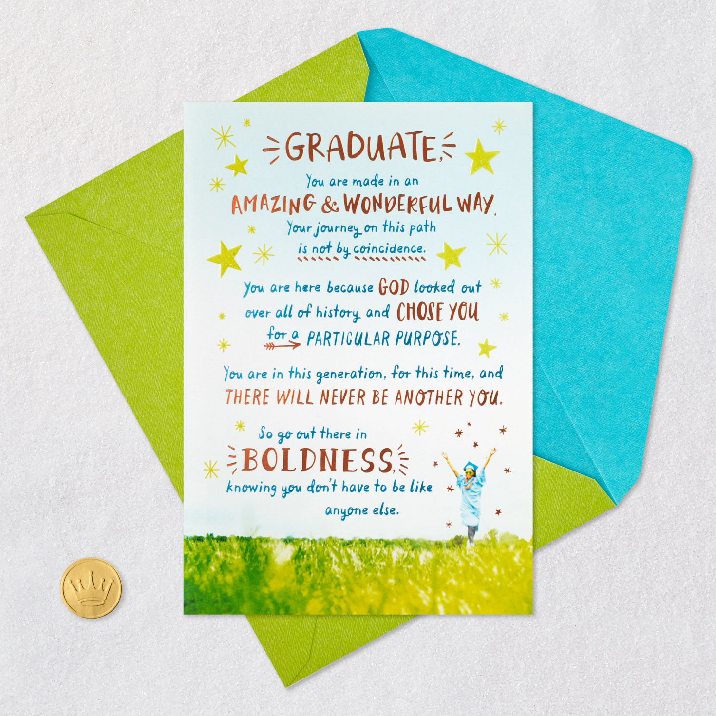 Grad in Grassy Field Religious Graduation Card Card Front with Envelope and Gold Seal image number 6