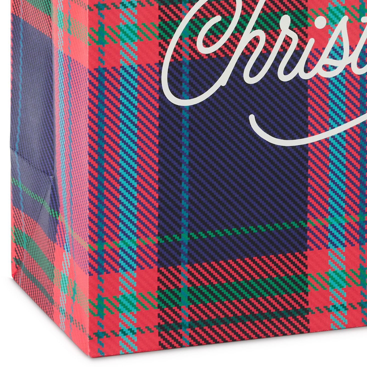 Scalloped Red Plaid Christmas Gift Bag with Ribbon Base/Side Detail image number 5