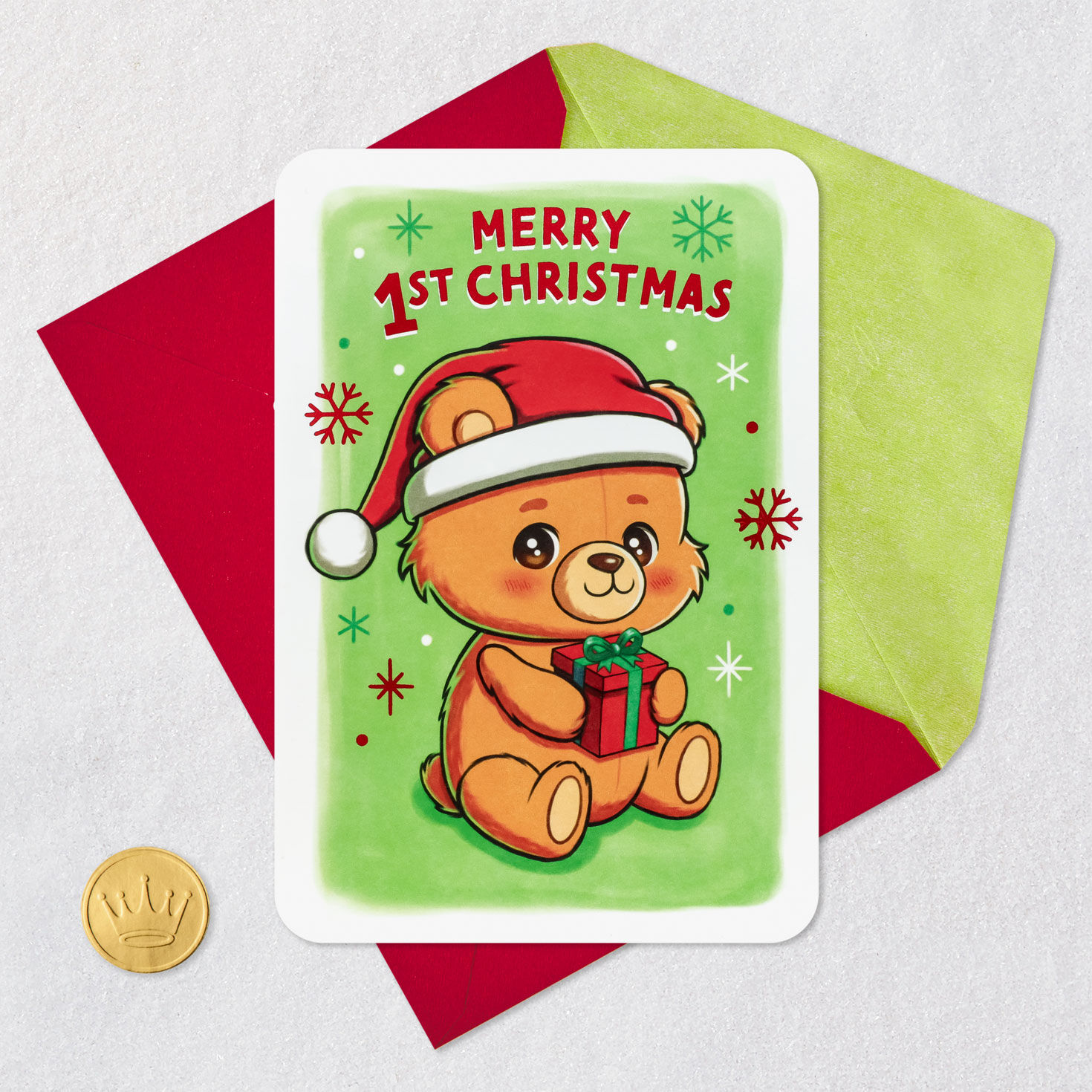 Teddy Bear 1st Christmas Card and Sticker for Baby Card Front with Envelope and Gold Seal image number 6