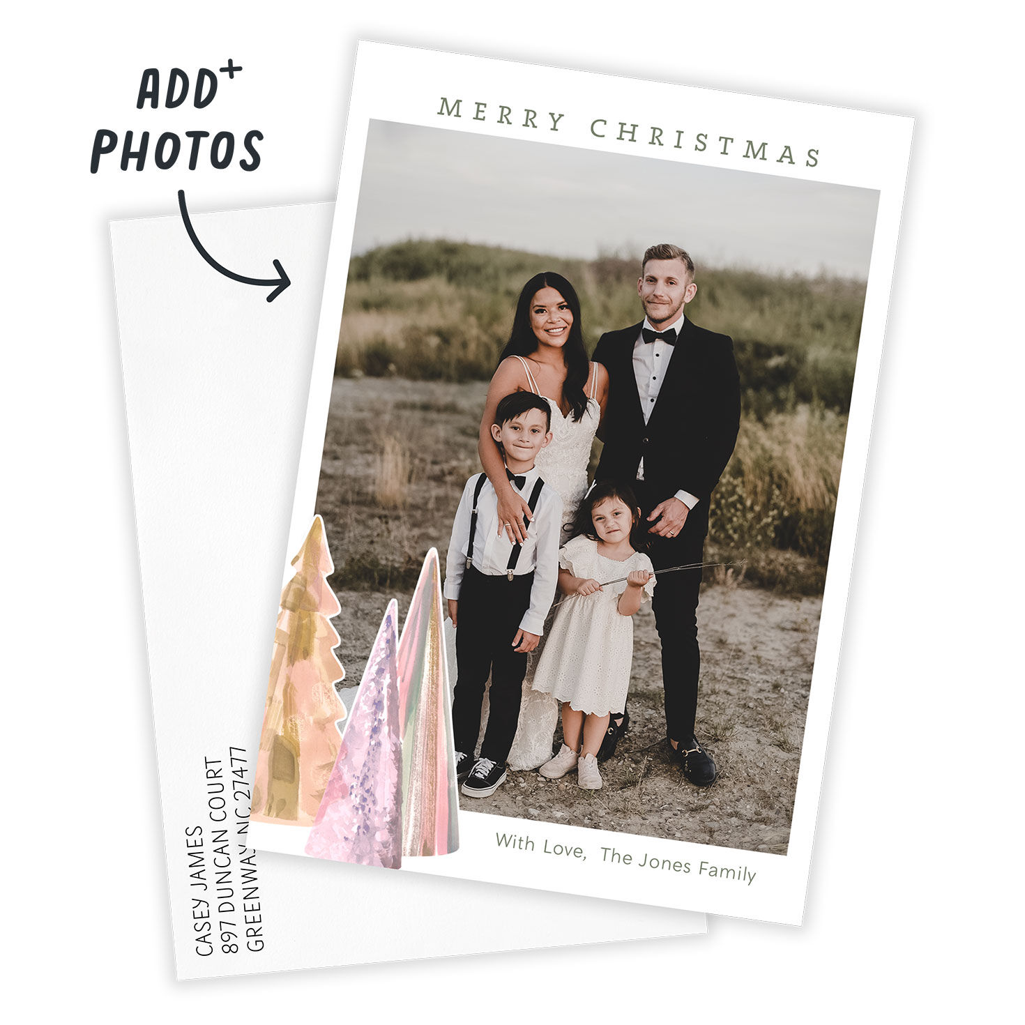 Watercolor Trees Personalized Christmas Photo Card Card Front indicating personalization image number 2