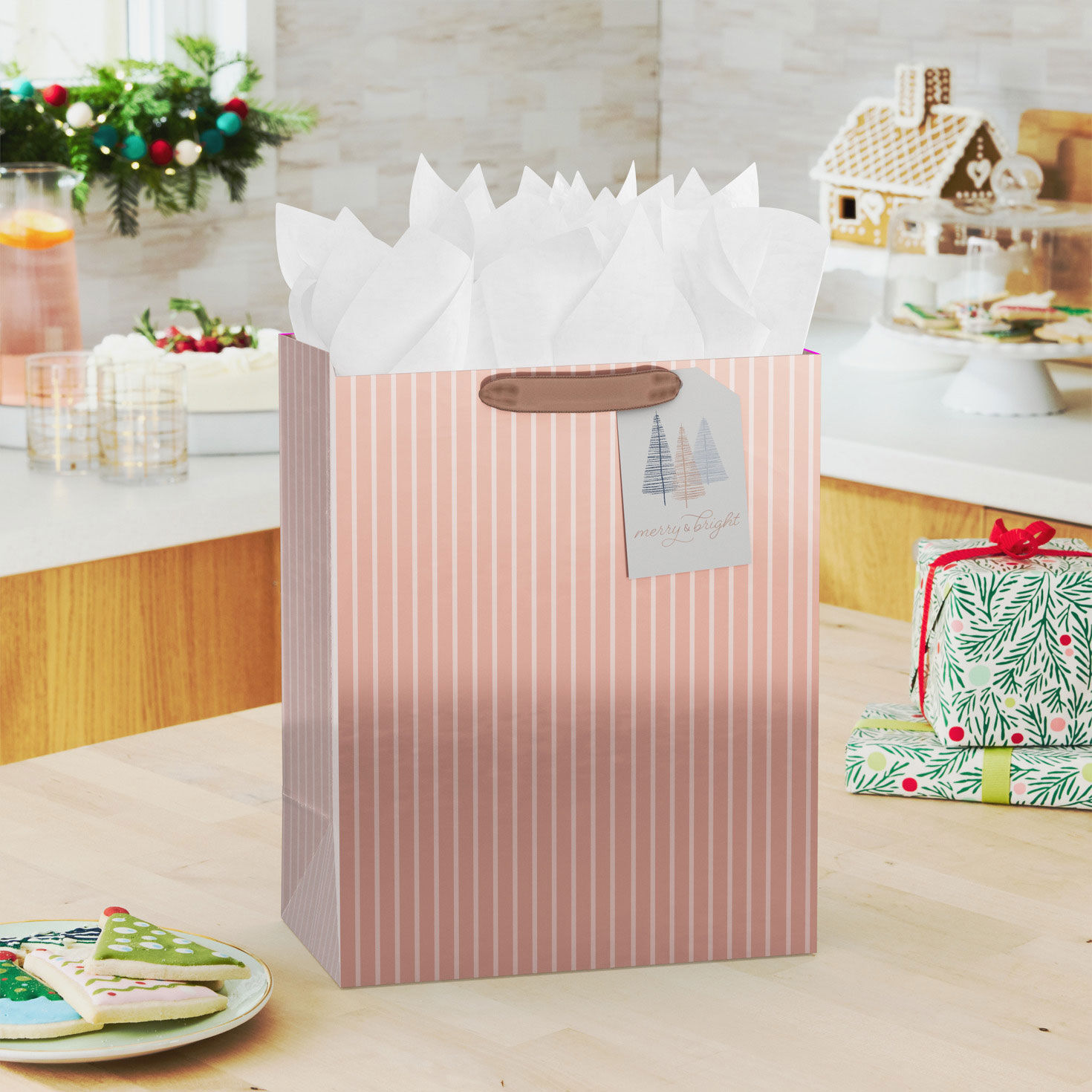 Rose Gold Stripes Large Holiday Gift Bag In use image number 2