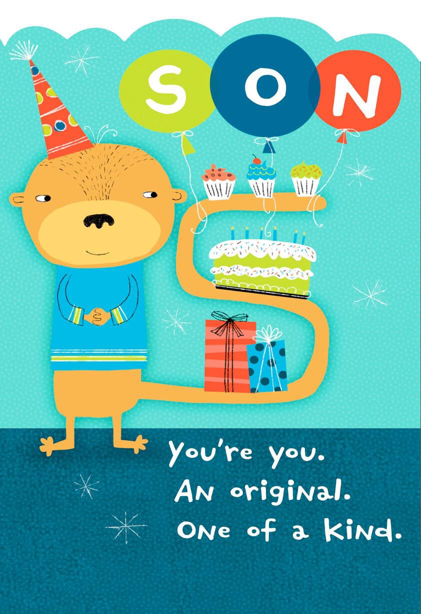 Lighthearted Monkey and Cake Birthday Card for Son
