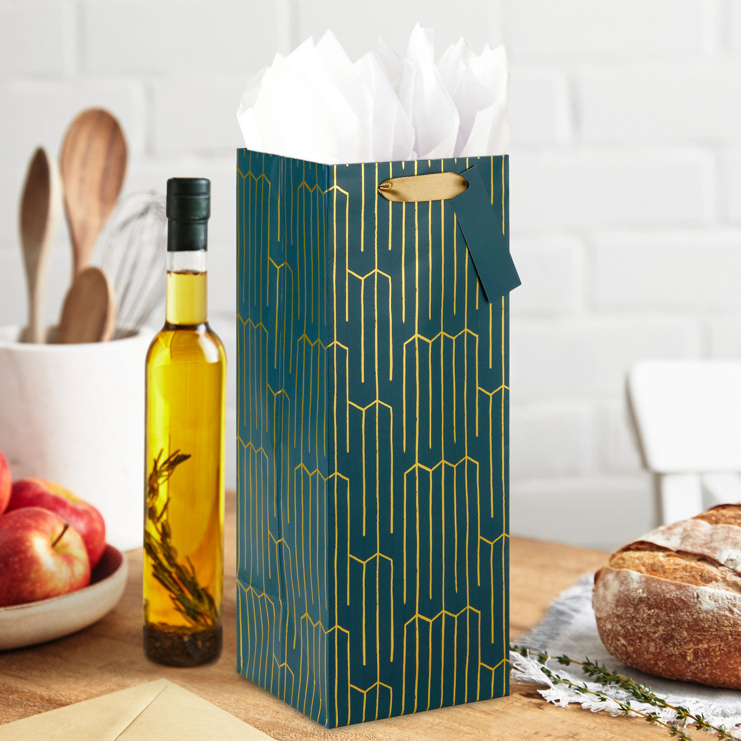 Gold Foil on Green Wine Bottle Gift Bag in use image number 2