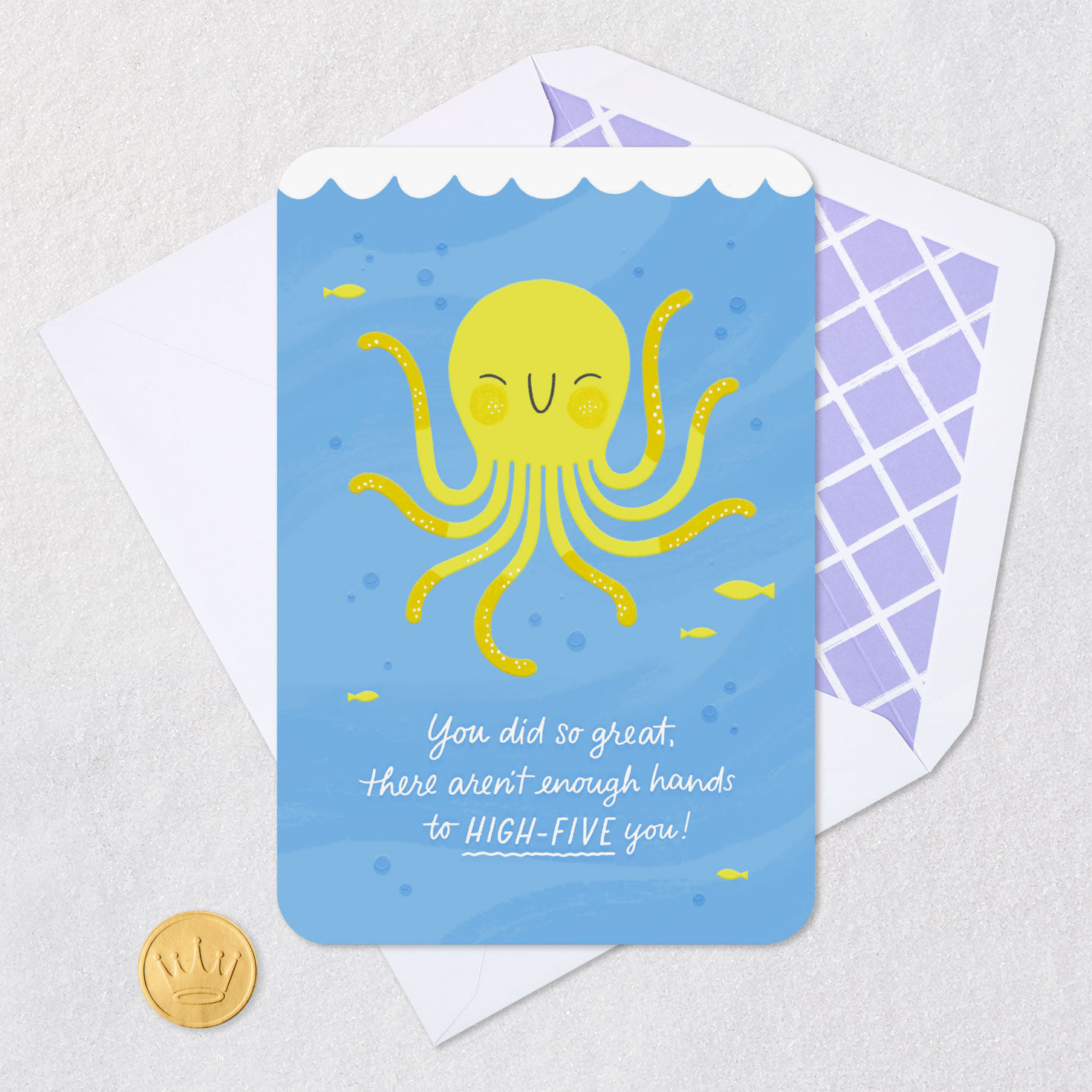 High-Five Octopus Blank Congratulations Card Card Front with Envelope and Gold Seal image number 4