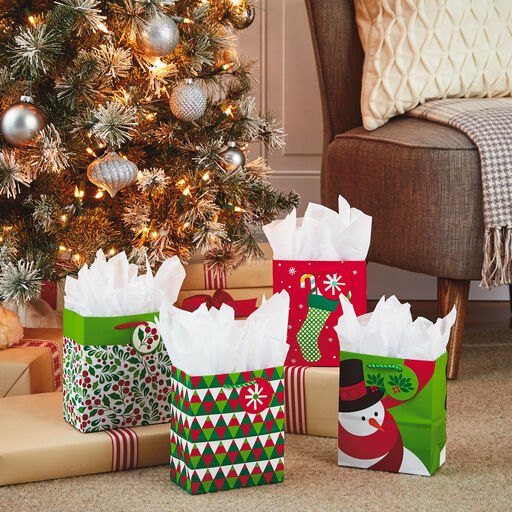 6.5" Assorted Red and Green Prints 8-Pack Small Christmas Gift Bags, 