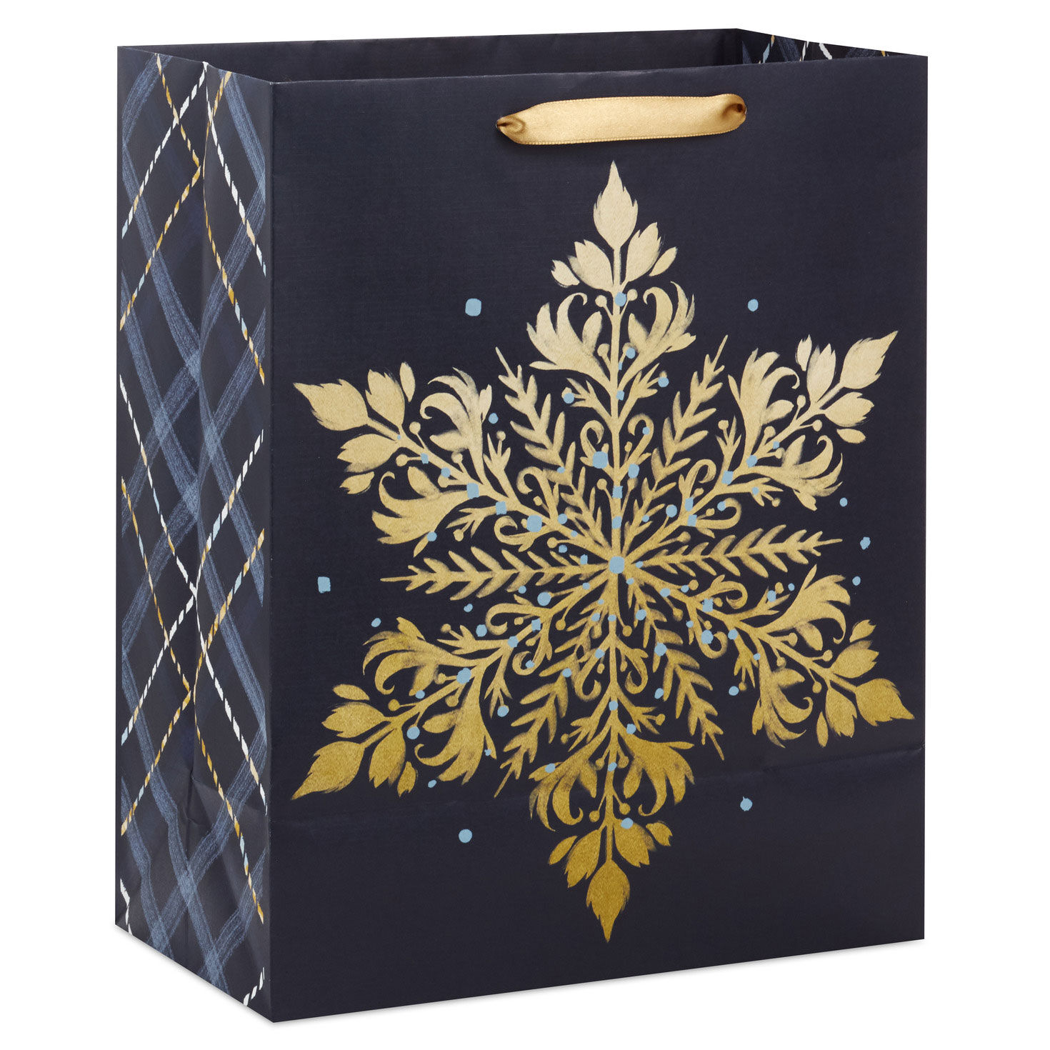 Elegant Gold Snowflake Large Holiday Gift Bag Back image number 6