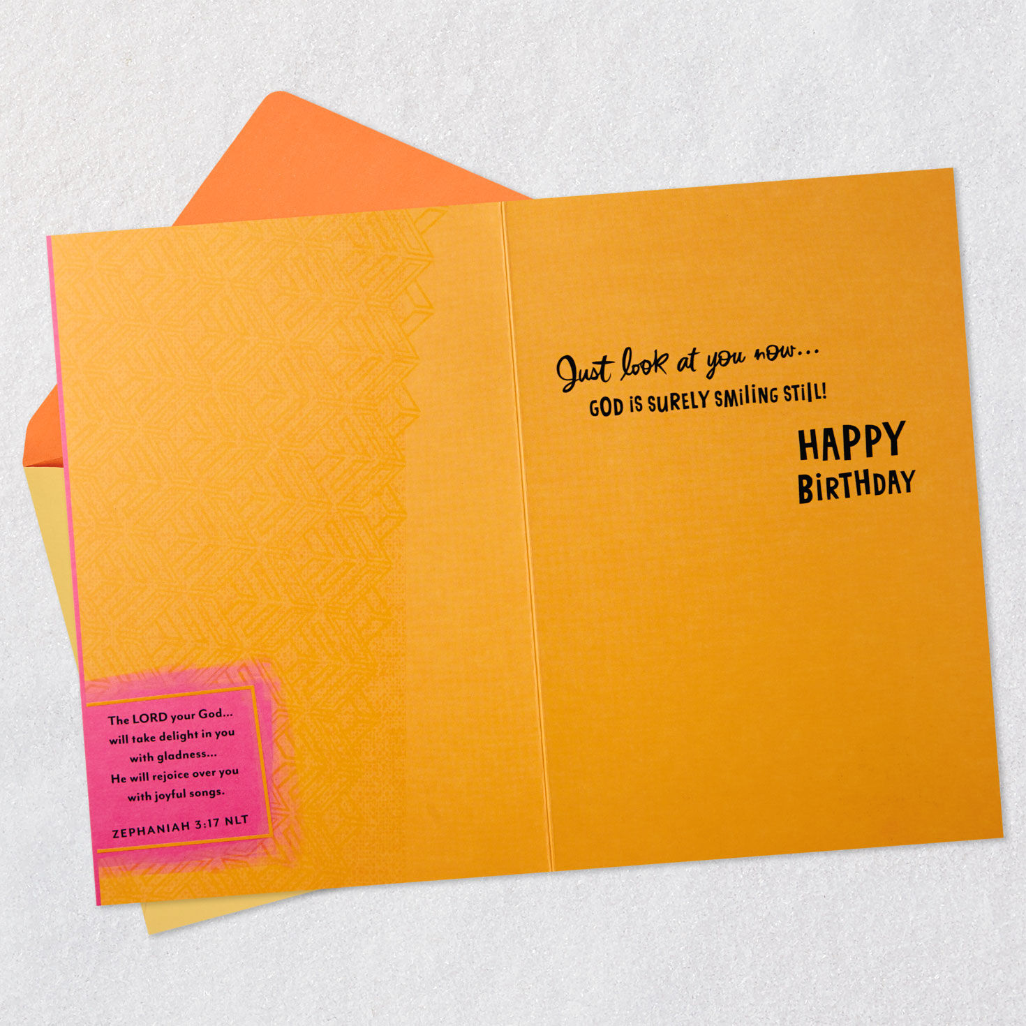 Orange Flower on Pink Religious Birthday Card for Her Open card with envelope image number 3