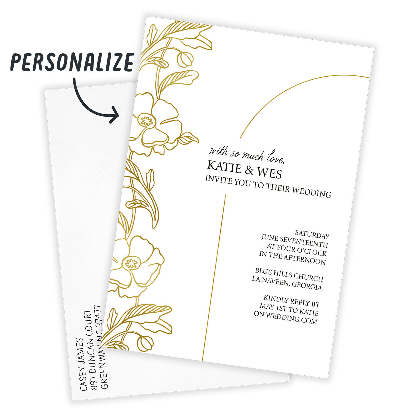Gold Flower Drawings Personalized Wedding Invitation Card Front indicating personalization image number 2