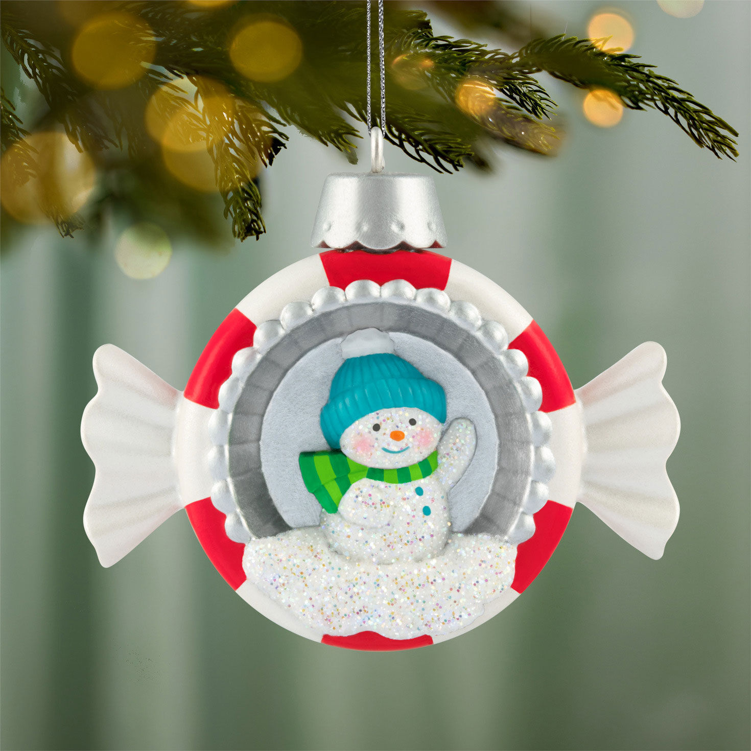 Snowman in Peppermint Candy Keepsake Ornament hanging on tree image number 2