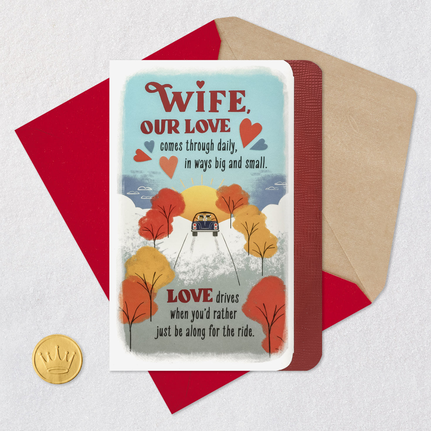 Car Ride Through Fall Leaves Sweetest Day Card for Wife Card Front with Envelope and Gold Seal image number 7