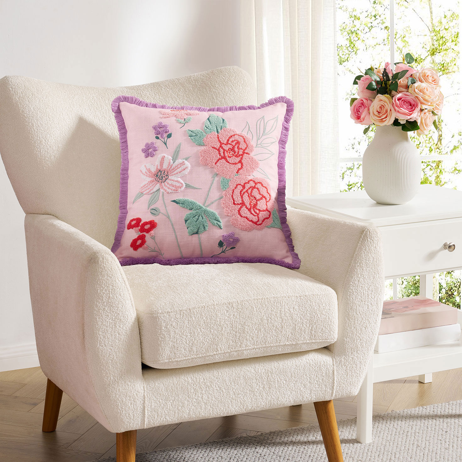 Boucle Flowers Reversible Throw Pillow in use image number 2