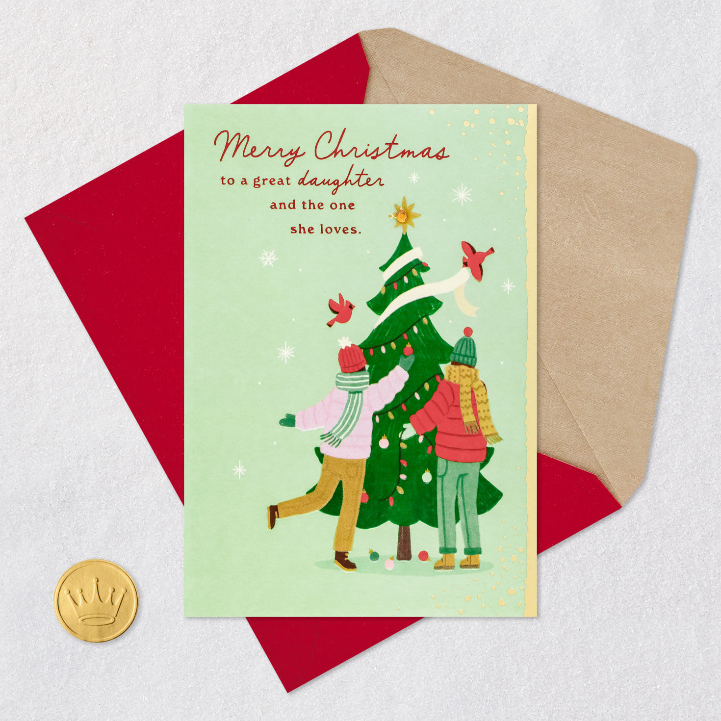 Couple Decorating Tree Card for Daughter and Partner Card Front with Envelope and Gold Seal image number 5