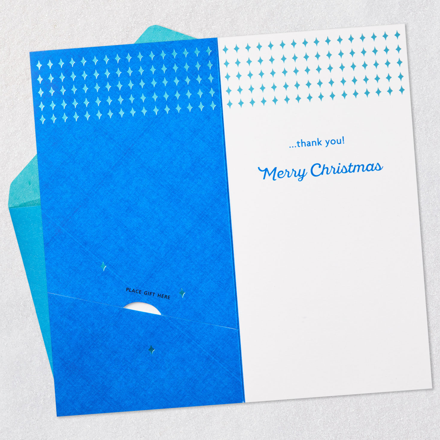 Silver and Blue Retro Ornaments Money Holder Holiday Card Open card with envelope image number 4