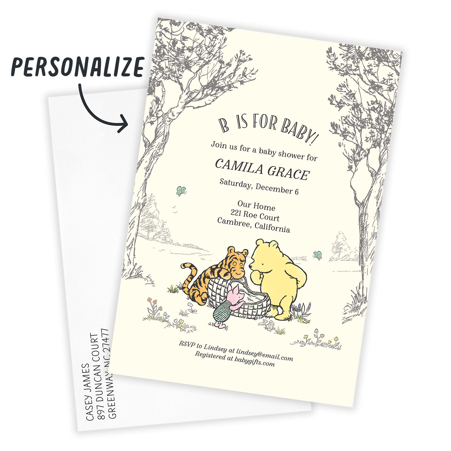 Winnie the Pooh Personalized Baby Shower Invite Card Front indicating personalization image number 2