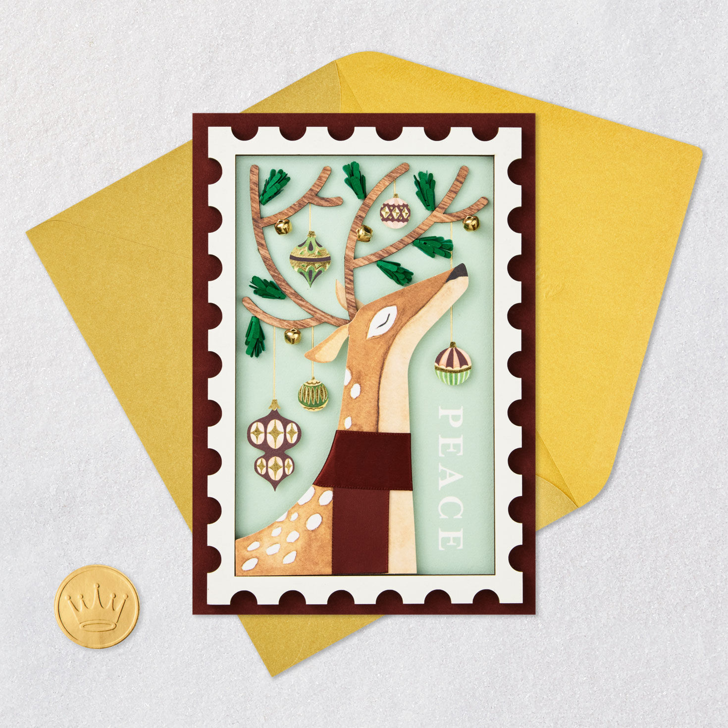 Vintage Stamp Deer Religious Christmas Card Card Front with Envelope and Gold Seal image number 6