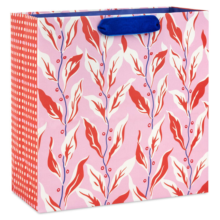 10.4" Vintage Leaves on Pink Large Square Gift Bag