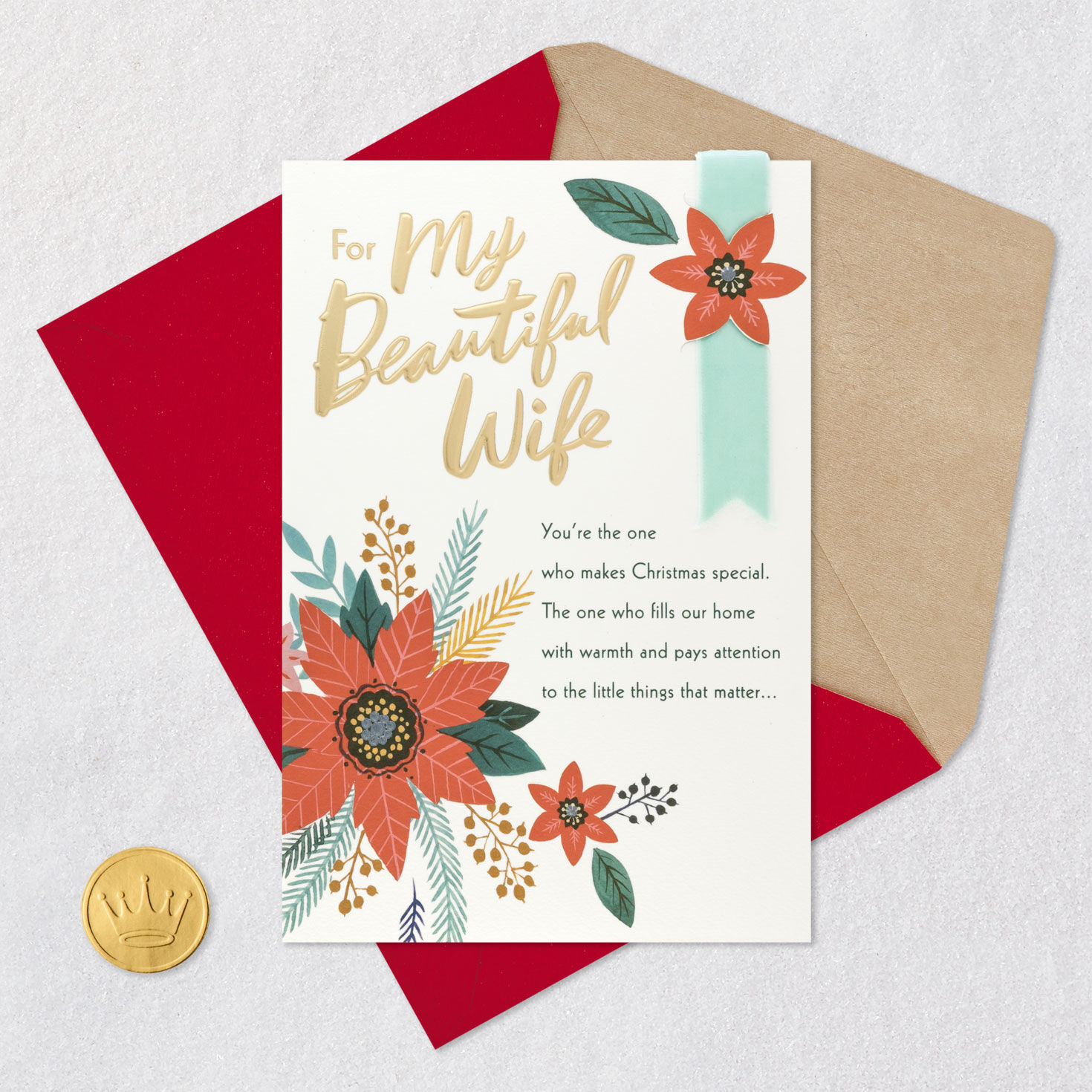 Poinsettia Floral Wife Religious Christmas Card Card Front with Envelope and Gold Seal image number 7