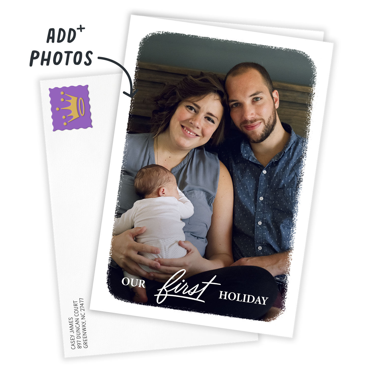 White Frame First Holiday Personalized Photo Card Card Front indicating personalization image number 2