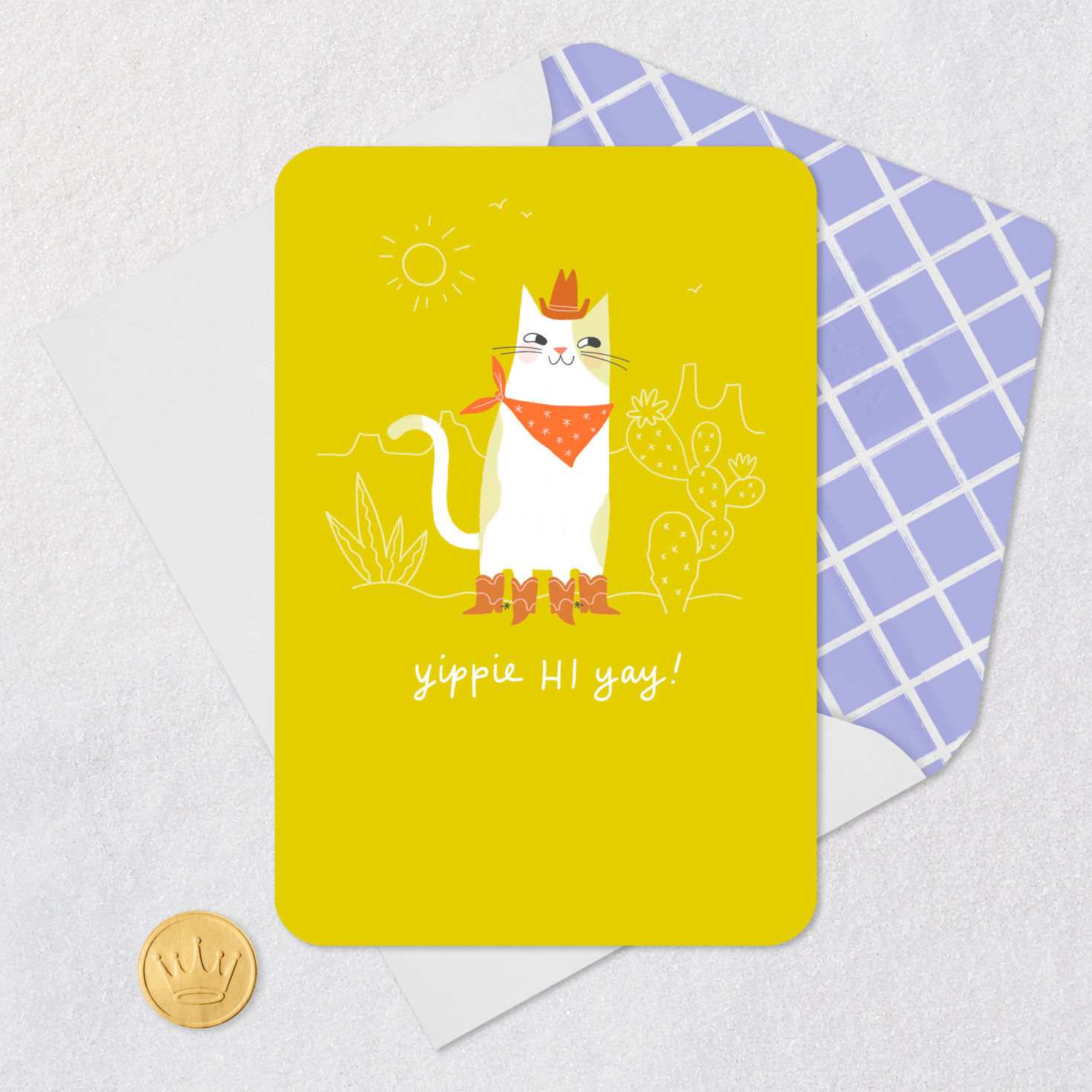 Yippie Hi Yay Pun Cowboy Cat Thinking of You Card Card Front with Envelope and Gold Seal image number 5