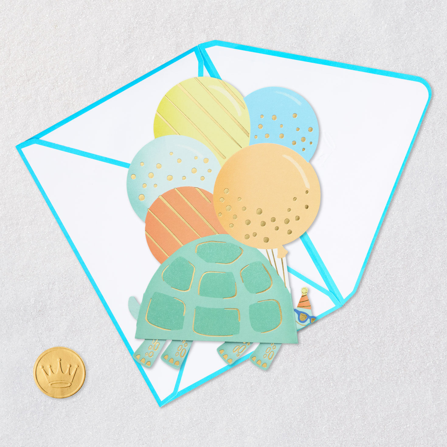 Turtle with Balloons Birthday Card Card Front with Envelope and Gold Seal image number 5