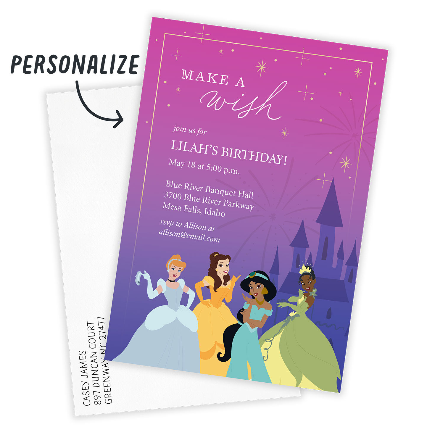 Disney Princess and Castle Personalized Party Invite Card Front indicating personalization image number 2