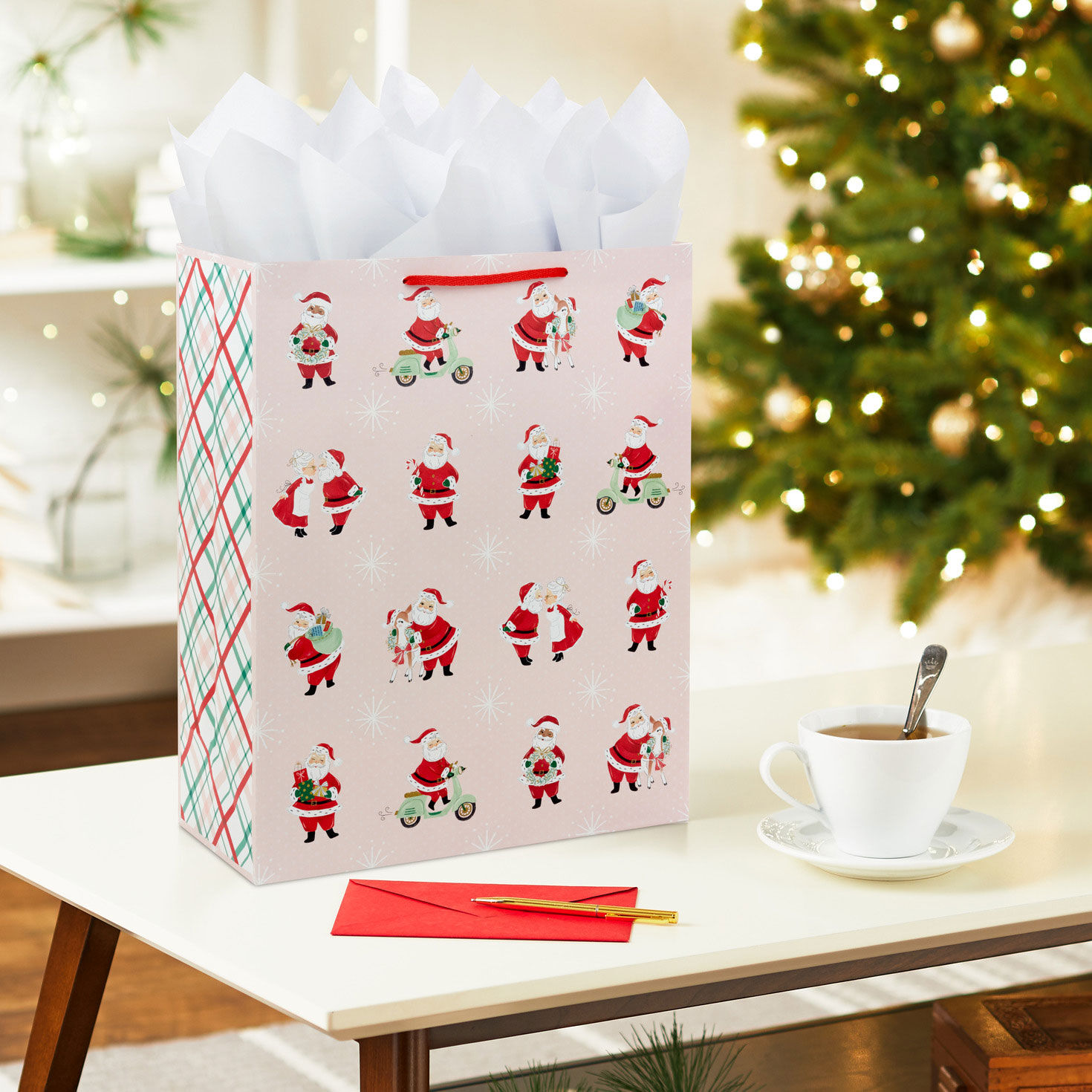 15.5" Vintage Santa Scenes on Pink Extra-Large Christmas Gift Bag for only USD 4.99 | Hallmark