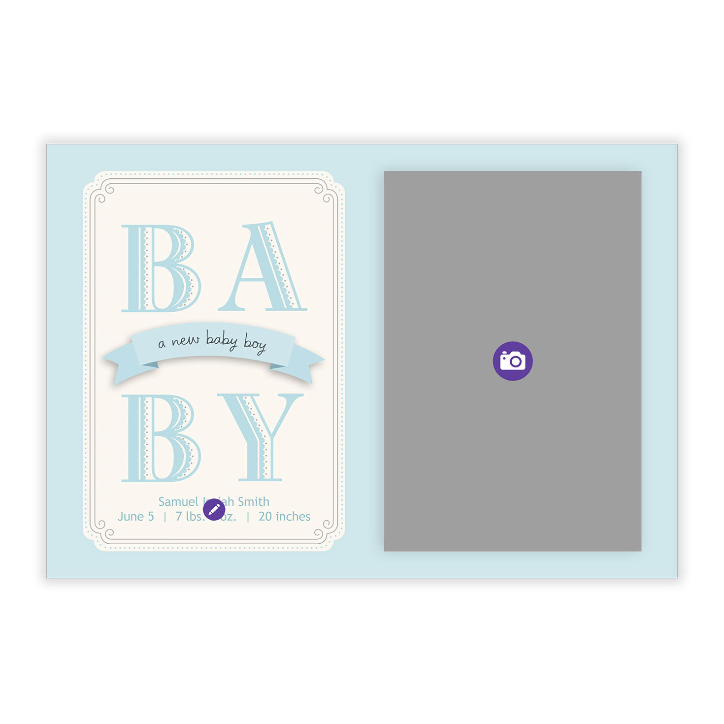 Blue Block Letters Personalized Baby Announcement Card Front indicating personalization image number 5