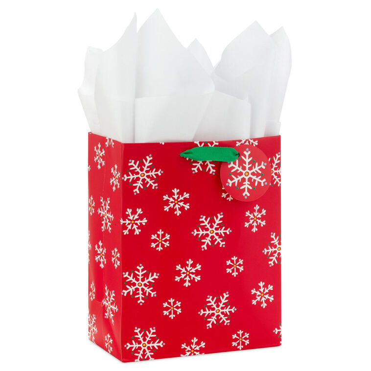 9.6" White Snowflakes on Red Medium Holiday Gift Bag With Tissue Paper