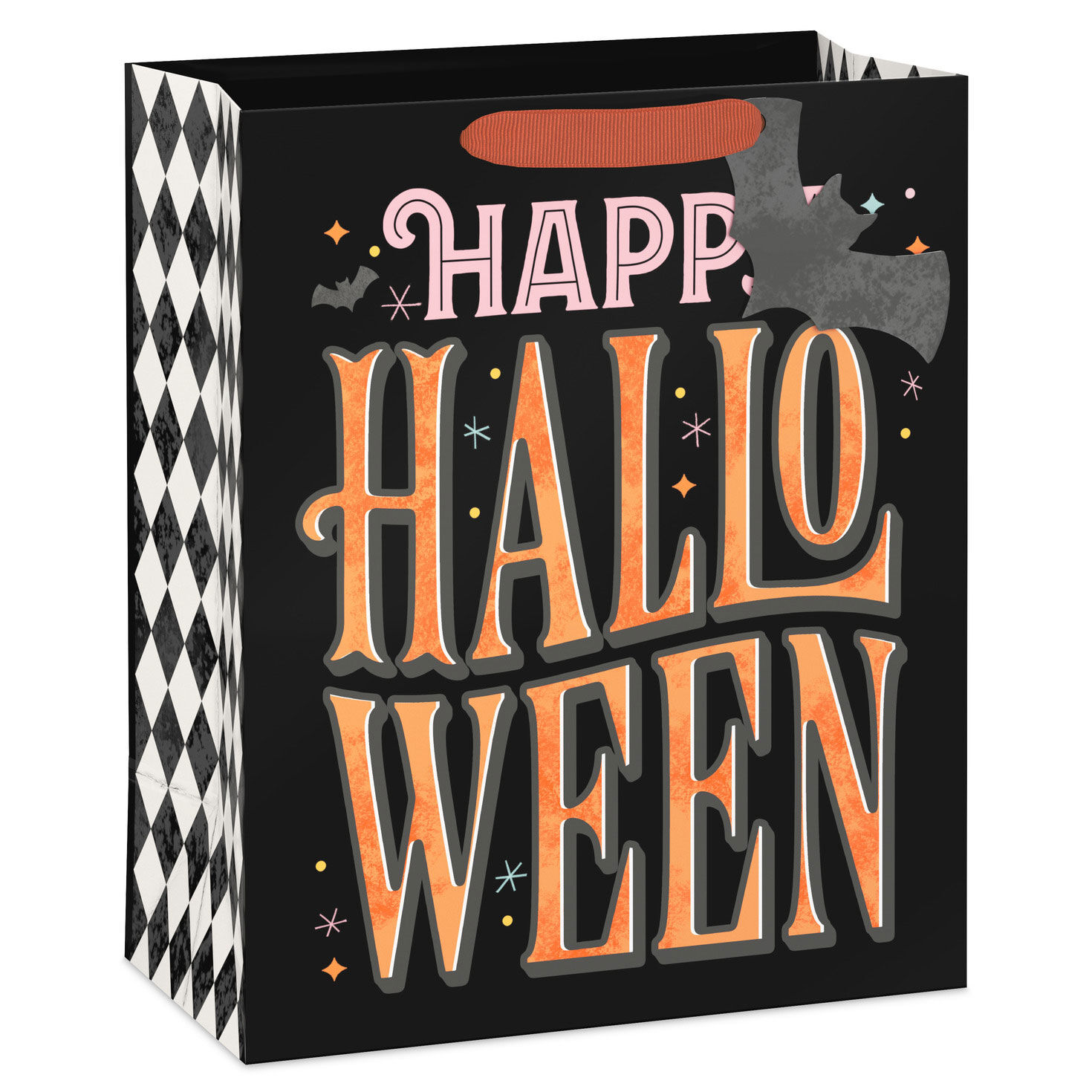 13" Orange Letters with Bats on Black Large Halloween Gift Bag With Gift Tag