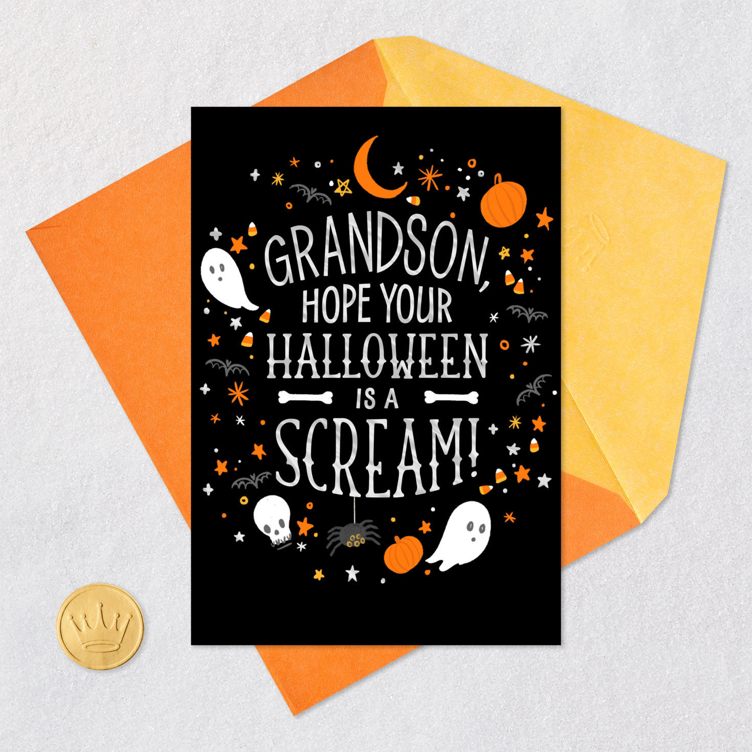 Cute Icons Black Halloween Card for Grandson Card Front with Envelope and Gold Seal image number 5