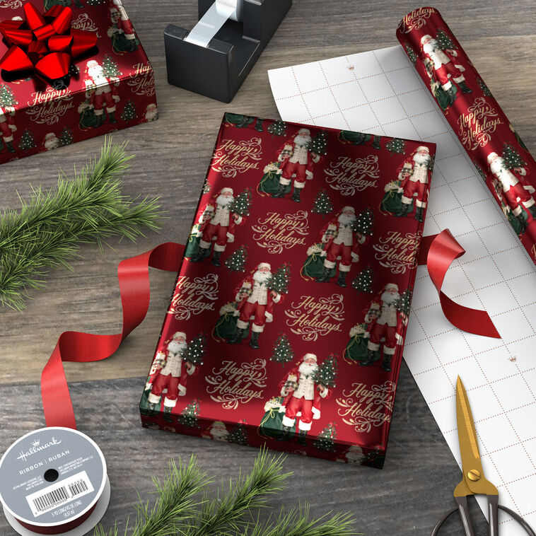 Happy Holidays Santa Burgundy Wrapping Paper Roll in use image number 3