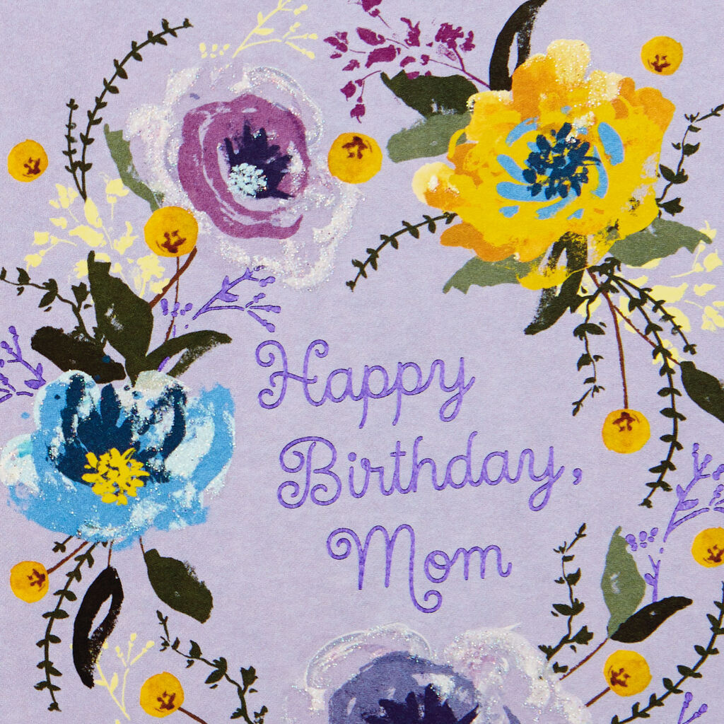 Flower Wreath On Lavender Birthday Card For Mom Greeting Cards