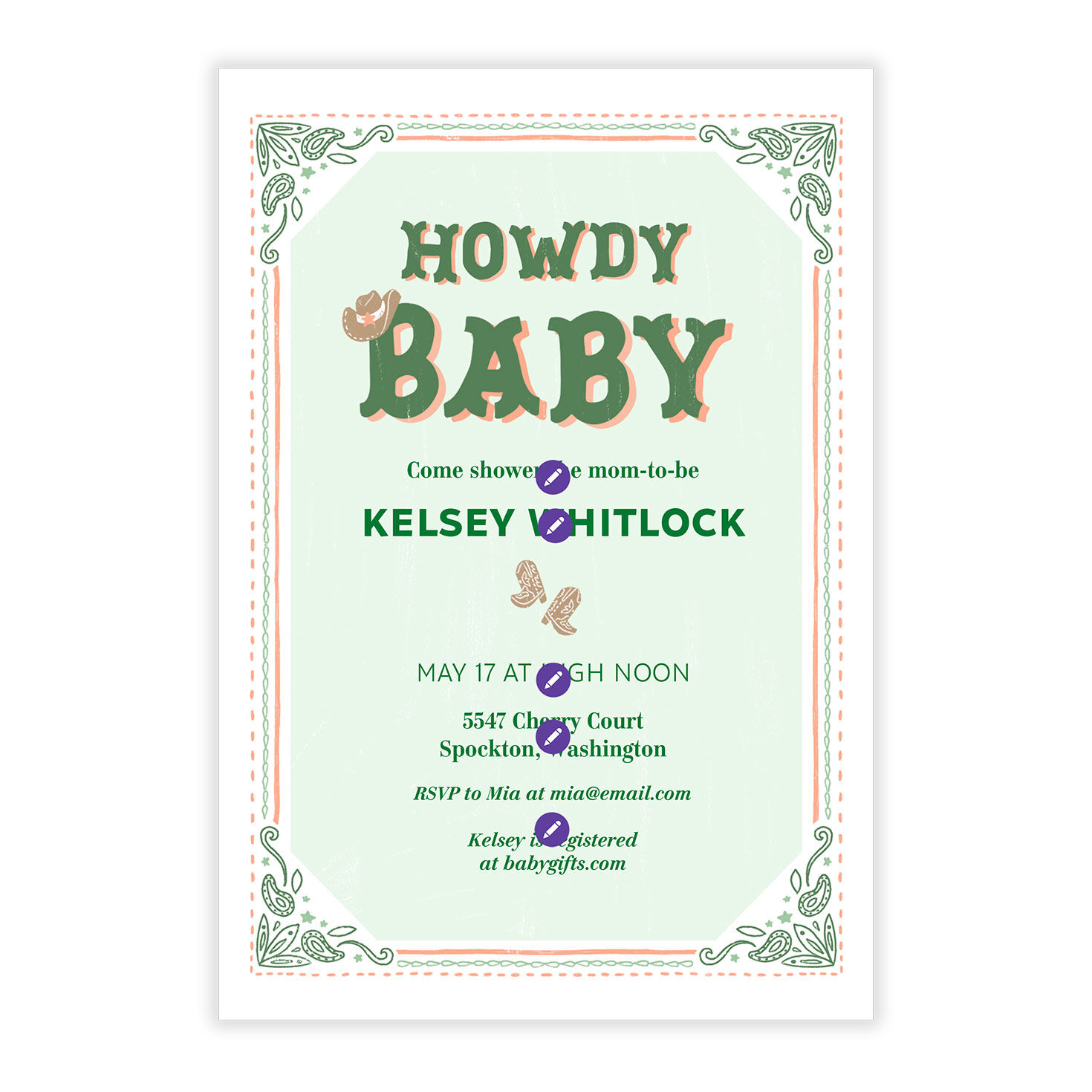 Green Orange Howdy Baby Personalized Shower Invite Card Front indicating personalization image number 5