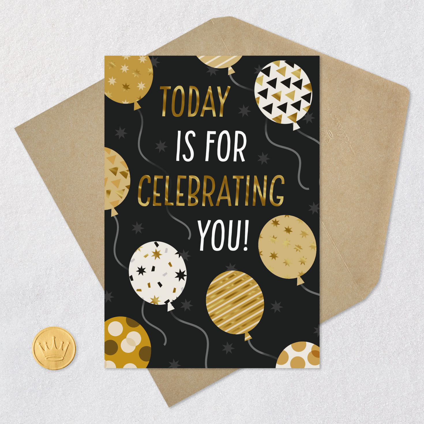 Black and Gold Balloons Happy Birthday Card Card Front with Envelope and Gold Seal image number 5